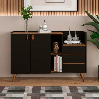 Buffet aparador 2 portas acabamento flex com 3 gavetas sala pés de madeira Royal preto com canela