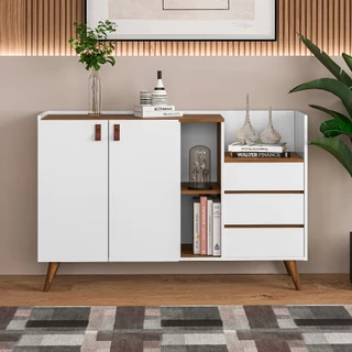 Buffet aparador sala com 2 portas e 3 gavetas flex acabamento flex e pés de madeira multiuso royal branco canela