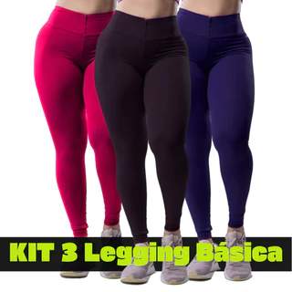 Kit 3 Calça Legging Feminina Academia Suplex Leg Fitness Grossa com Compressão Blackout Cós Largo