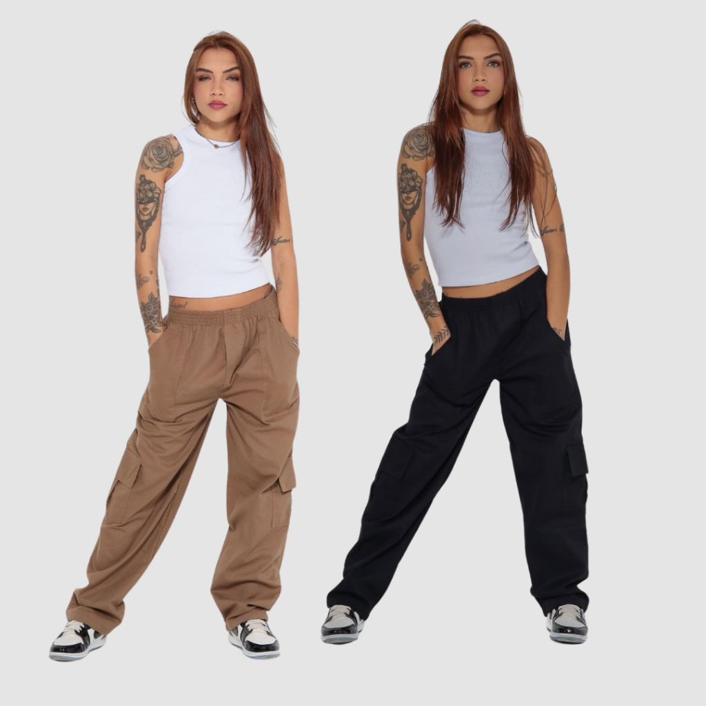 Calça Cargo Sarja Feminina Streetwear Larga Preta Hip Hop Moda Urbana ...