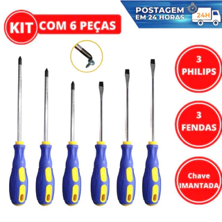 Kit Jogo De Chave de Fenda e Phillips simples em aço Ponta imantadas e cruzada Cabo emborrachado