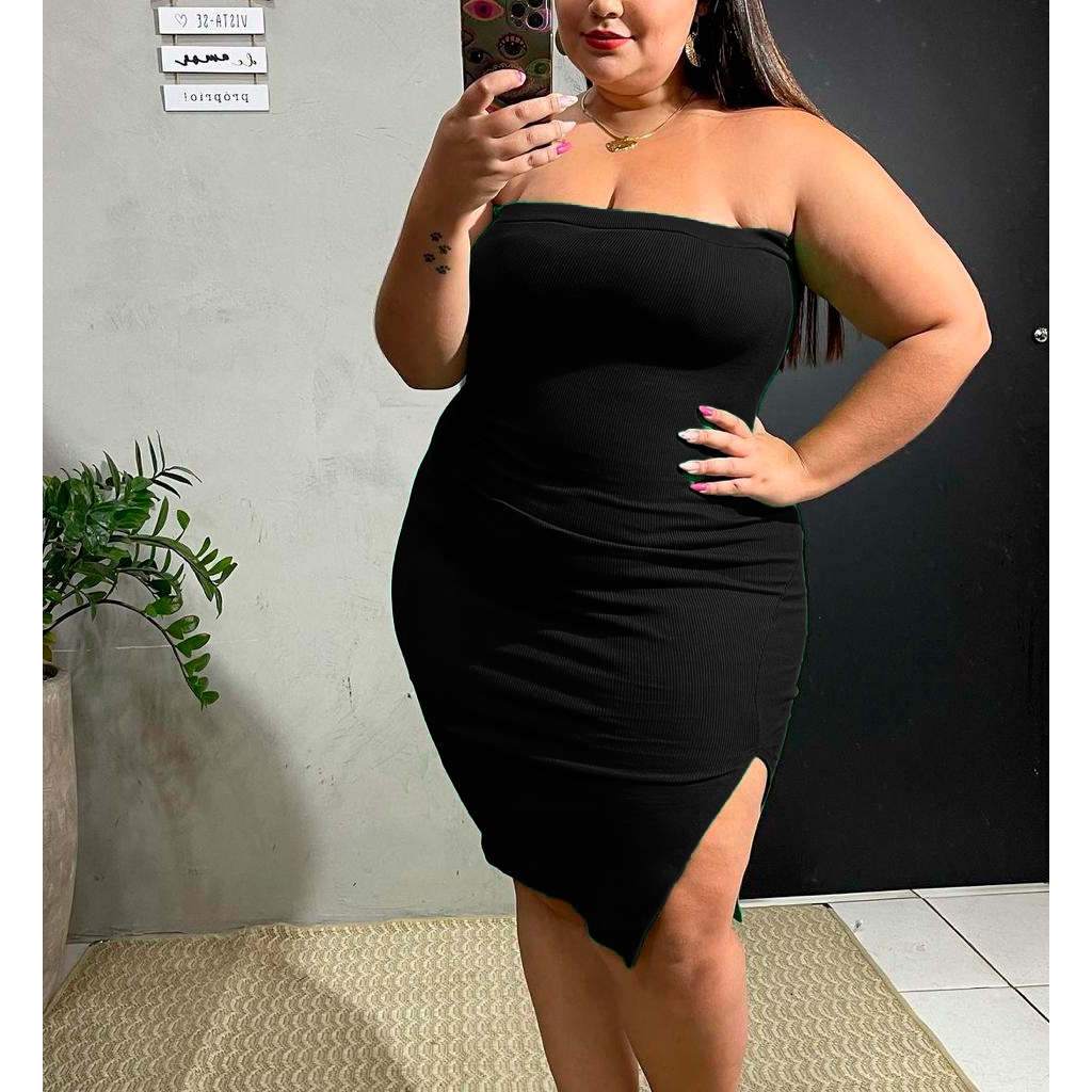 Vestido Plus Size Feminino Vestido Midi Plus Size Canelado Tubinho