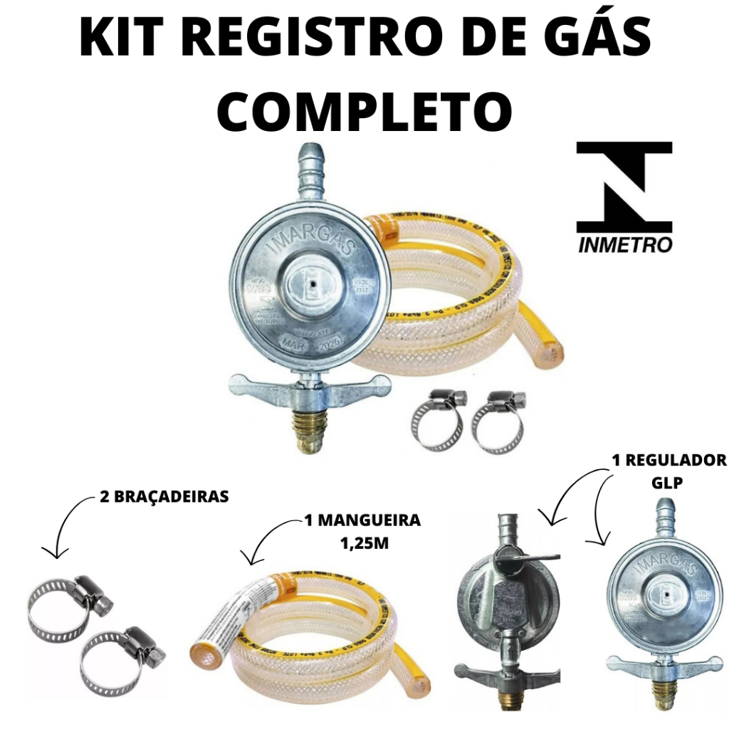 Kit Completo Registro Regulador de Gás de Cozinha + Mangueira 1,25m ...