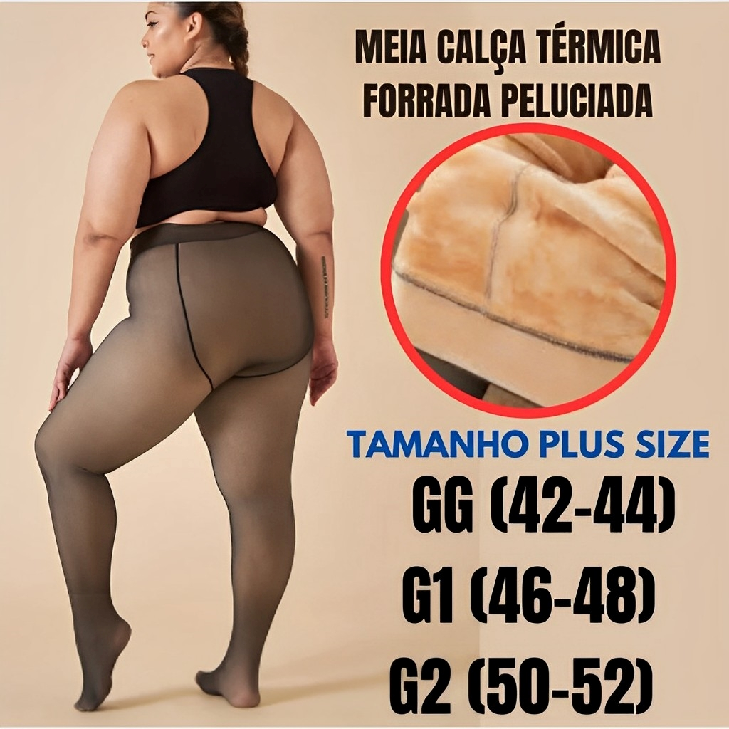 Meia-Calça Térmica Plus Size G-GG Forrada Peluciada Translúcida de Lã Feminina Super Elástica Slim