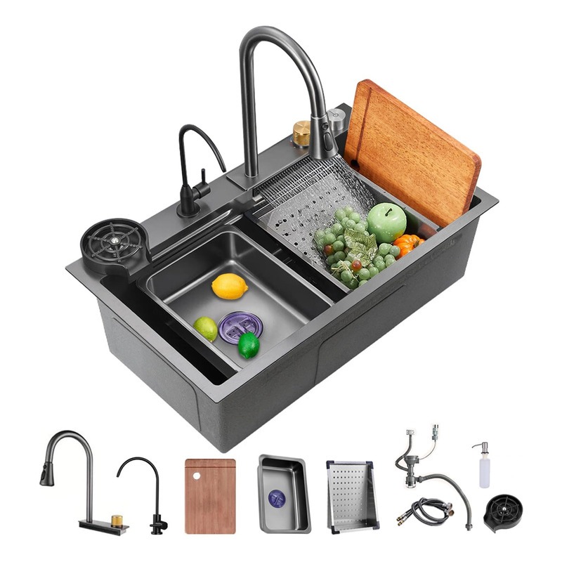 Cuba Inox Quadrada Gourmet Cozinha Pia 75x45 Com Torneira Preta/Prateado Yesop