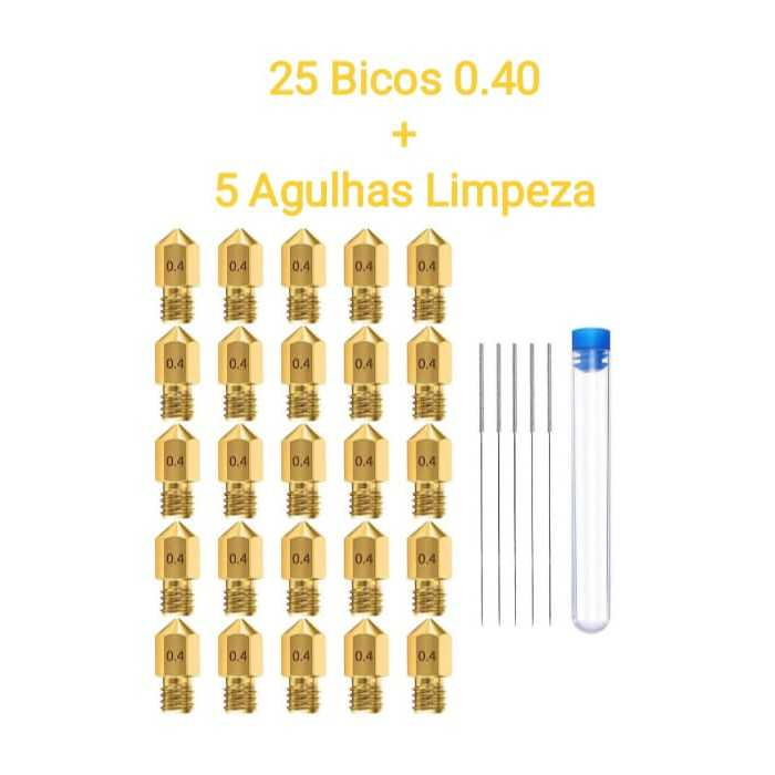 KIT 25 Bicos Impressora 3d 0.40 + 5 Agulhas Limpeza