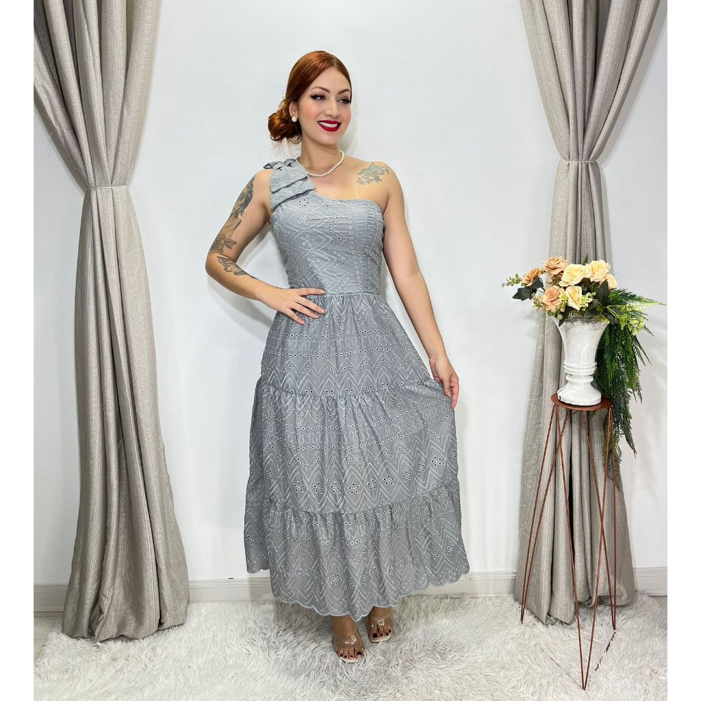 Vestido longuete lese bordado algodão manga um ombro