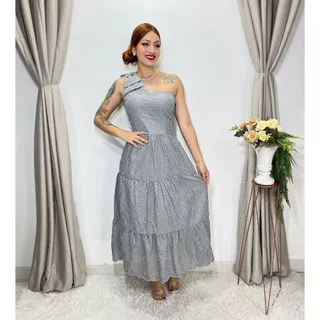 Vestido longuete lese bordado algodão manga um ombro