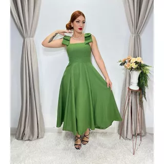 Vestido midi linho algodão com laço na manga 10158