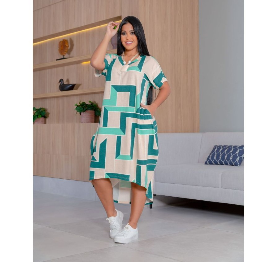 Vestido Mullet Manga Curta Gola V Moda Feminina Saruel Max