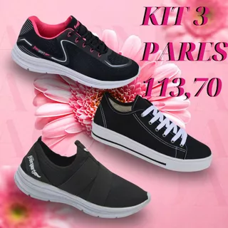 KIT 3 Pares Tênis Feminino Esportivos Casual e Lazer para Dia a Dia
