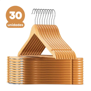 Kit 30 Cabide De Madeira Marfim Para Roupas Calça Gancho Cromado