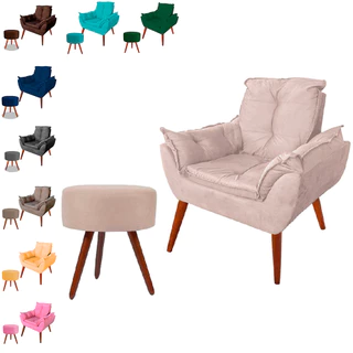 Poltrona + Puff Suede Bege Pés Palitos Para Sal e Recepção