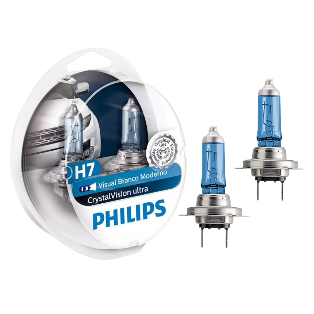 Par Lâmpada Philips CrystalVision H7 12V 55W 4100K Xenon Branca
