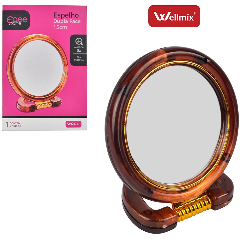 ESPELHO DE MESA REDONDO DUPLA FACE 6'' 15CM DE Ø COM PEDESTAL E AUMENTA 3X DE PLASTICO