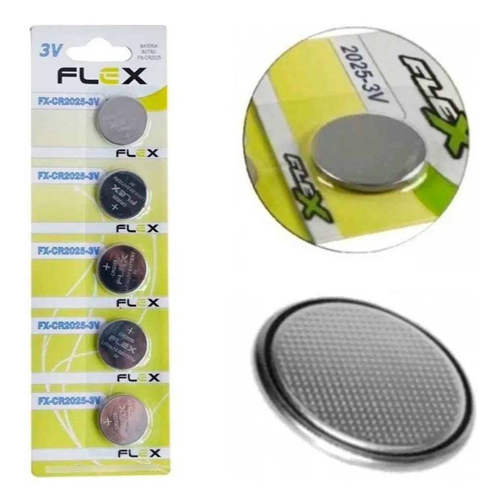 Kit Baterias Pilha Botão Moeda CR2025 Cartela/Blister com 5 Flex ...