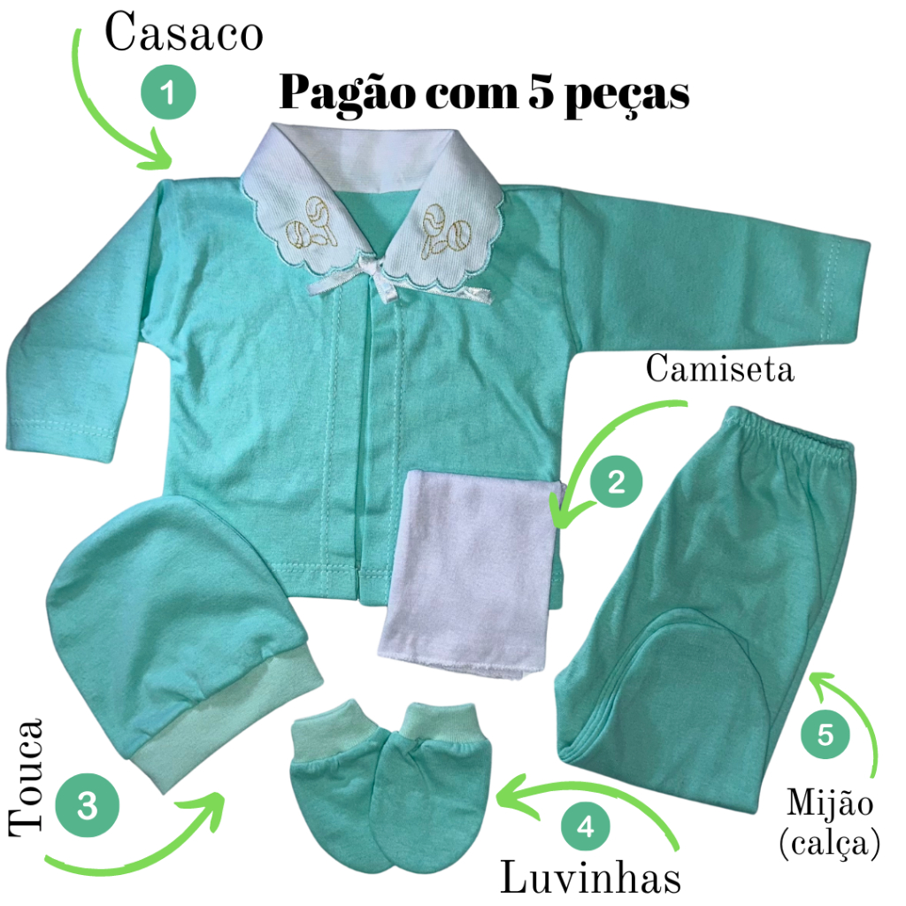 Pagão c/05 peças Bordado na Gola RN Menina Menino Reborn