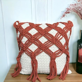 Capa Macramê Algodão Almofada Artesanal Decoração Boho Trama Natural handmade pompom trançado