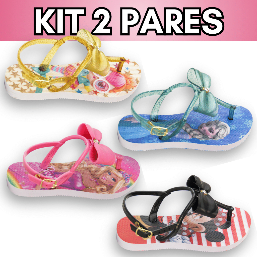 KIT 2 Chinelinho Infantil Menina Sandalia Fivela Chinelo Personagens Desenhos Animados
