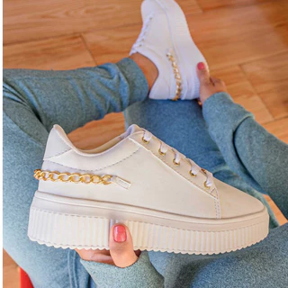 Tênis Feminino Caixa Alta com Corrente Dourada Elegante e Fashion Tendência