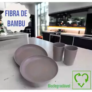 Kit Pratos e Copos Fibra de Bambu Ecológico Moderno 04 Peças