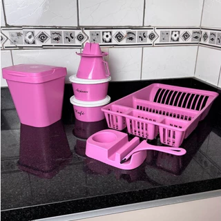 Conjunto de Cozinha Rosa: 02 Potes de 1200 ML (Café, Açúcar), Coador de Café 103, Lixeira de Pia 4,8 Litros, Porta Detergente com Porta Esponja, Escorredor de Louça e Rodinho de Pia