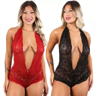 Kit 2 Body Rendado Frente Unica Sexy Decote Costa Nua Renda Lingerie Sensual
