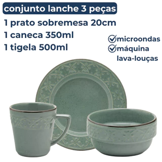 Conjunto Lanche Café da Manhã Bowl Caneca Prato Lanche 3 Peças Malaquita Oxford em Oferta na Shopee