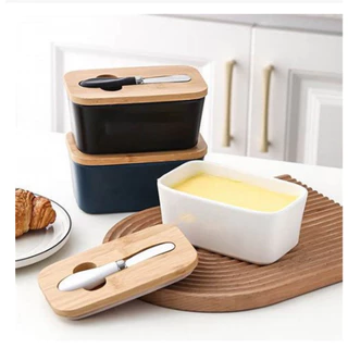 Mantegueira porcelana com tampa de bambu com espátula