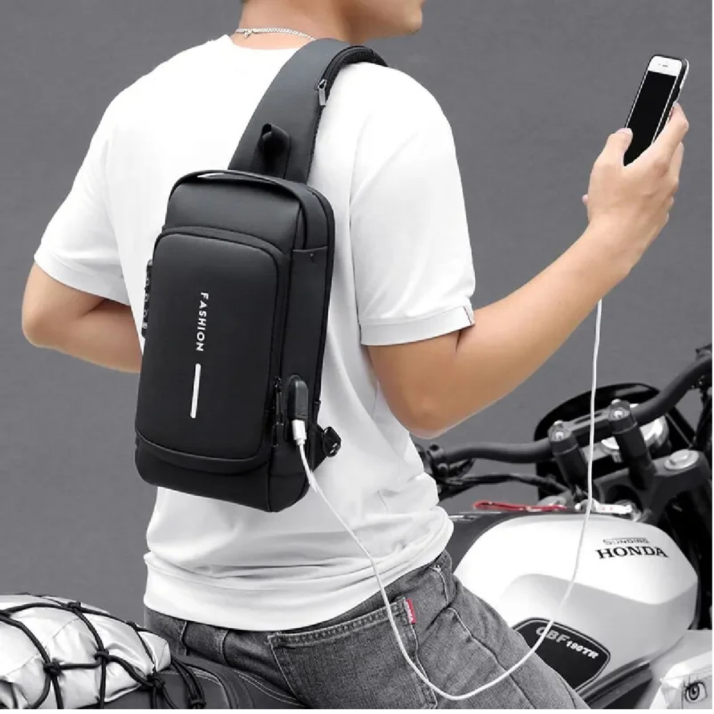Bolsa Masculina Mochila de Peito Transversal, Antifurto com senha e entrada  para carregamento usb
