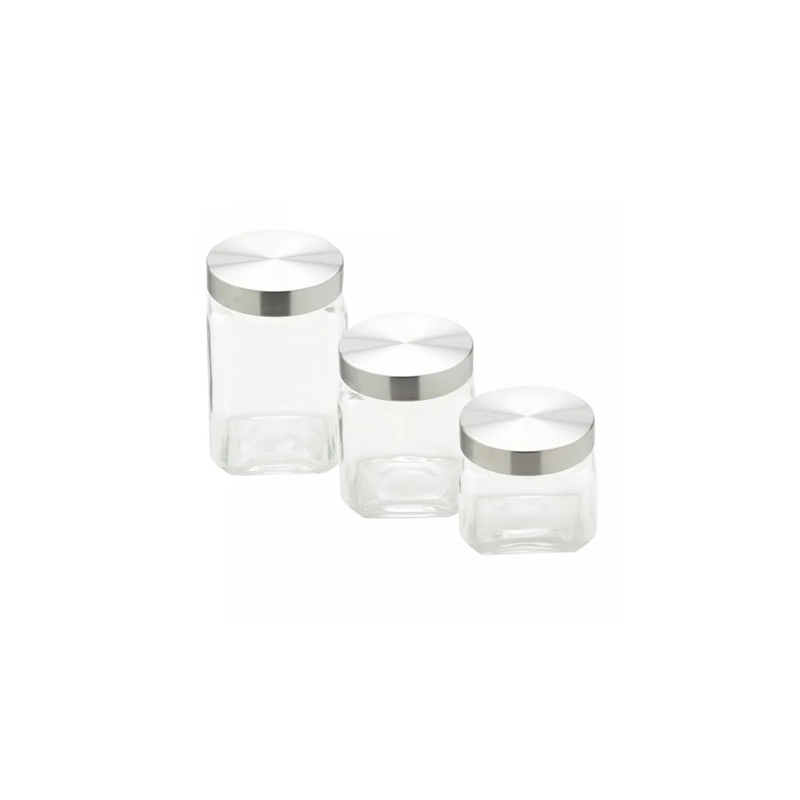 Conjunto 3 Porta Mantimentos de Vidro com Tampa de Aço Quadrado 790ml/1,2L/1,6L