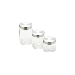 Conjunto 3 Porta Mantimentos de Vidro com Tampa de Aço Quadrado 790ml/1,2L/1,6L