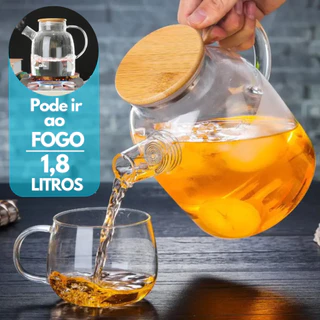 Chaleira de Vidro Tampa de Bambu Resistente Fogo Borossilicato 1,8 L Hérmetica Jarra Geladeira Café