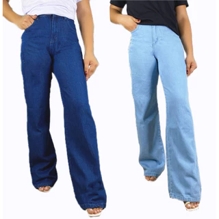 kit 2 pcs Promoção:Calça Jeans Feminina Wide Leg pantalona Cintura Alta 2024