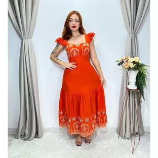 Vestido longo lese bordado algodão com babada na manga 0112