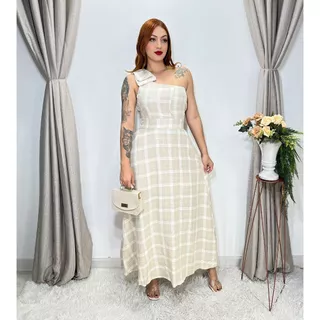 Vestido longo luxo linho com laço na manga