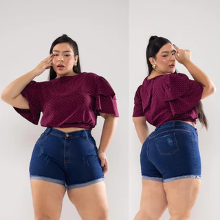 Shorts Jeans Feminino Plus Size Cintura Alta Moda Premium Confortável