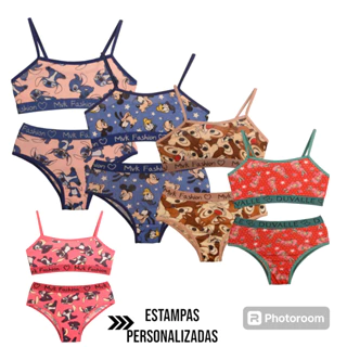 Kit 3 Conjuntos Infantil Calcinha e Top Sutiã para Meninas 08 anos 10 anos 12 anos 14 anos Roupa Feminino Personagens Menina Moça