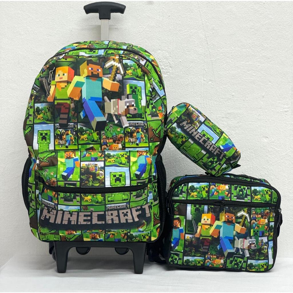 Kit Mochila Escolar Minecraft Rodinhas Infantil Lancheira + Estojo Bolsa Resistente