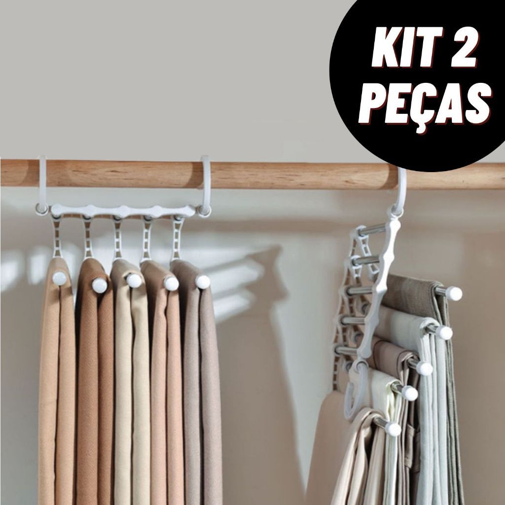 Kit 2 Cabide Multifuncional para Calças de Inox com 5 Divisórias Branco