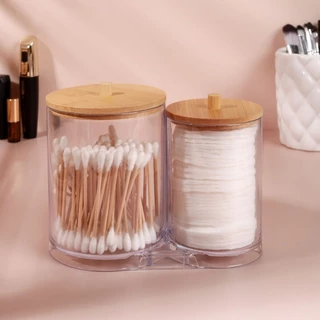 Porta Cotonetes Duplo Em Acrílico 13x15x11cm Ou Tampa Bambu 15x15x12cm Organizador de Algodão Super Resistente Top Útil Multiuso Universal