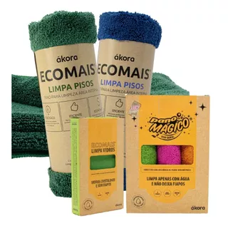 Kit Ecomais Akora 2 Pano Limpa Área Interna Piso 1 Limpa Vidros 3 Pano Mágico Uso Geral