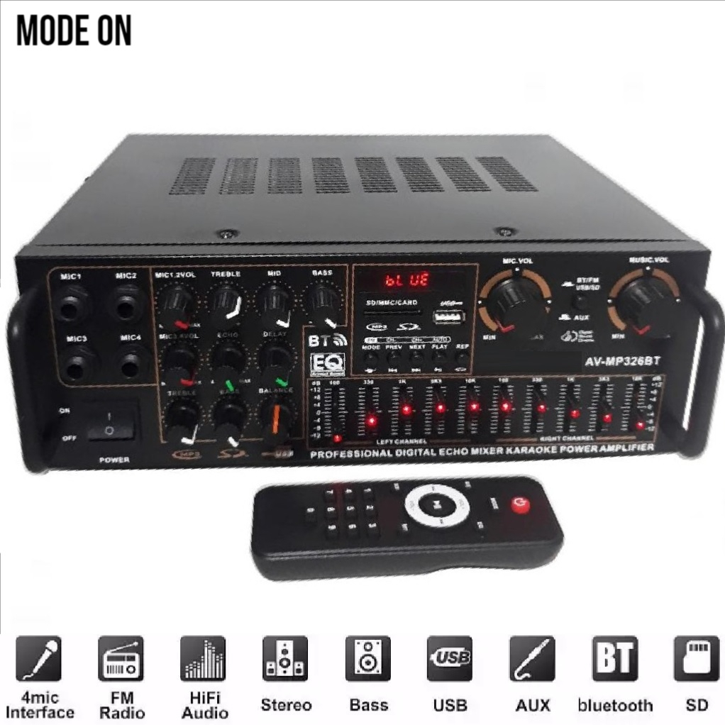 Amplificador Potente 1200w 110V Bluetooth 2 canais controle remoto USB SD FM karaoke equalizador pega 4 microfones