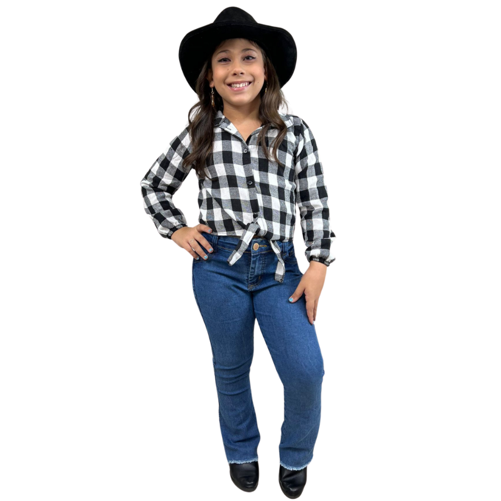 Conjunto Xadrez Infantil Blusa Flanela e Calça Jeans Flare Moda