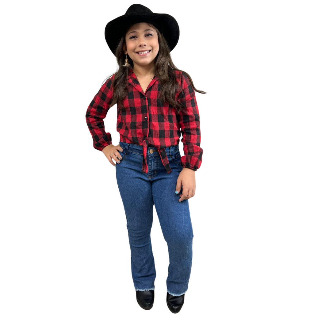 Conjunto Xadrez Infantil Blusa Flanela e Calça Jeans Flare Moda