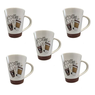 Jogo de Canecas de Porcelana - Kit com 5 - Coffee To Go - Café Leite Cappuccino Chás