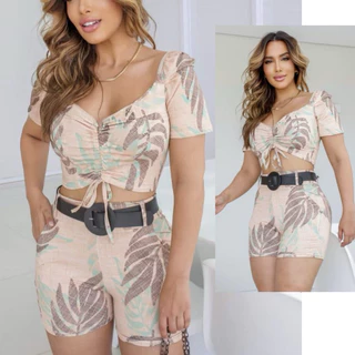 Conjunto Feminino Blogueira Modinha Verão Cropped com Bojo + Short com Cinto Moda Boutique