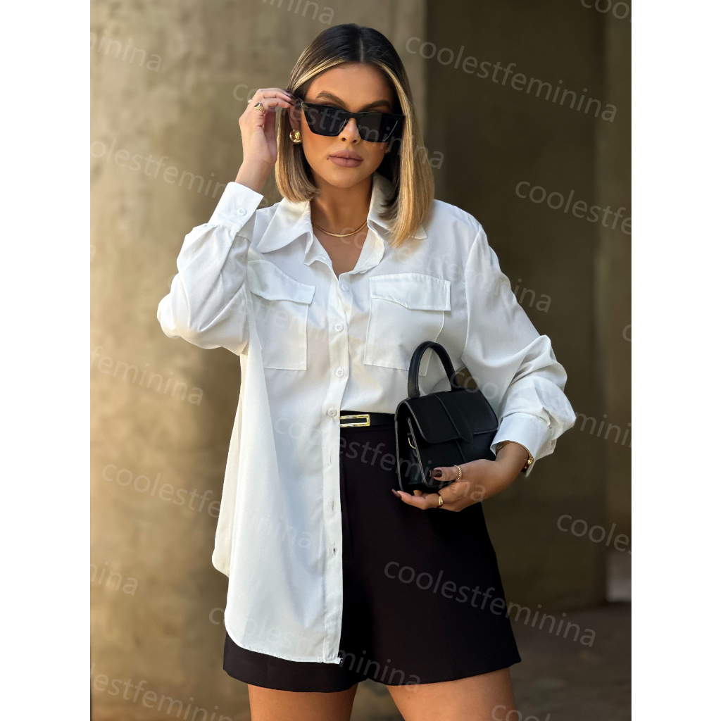 coolestfeminina 2070 camisa femenina manga longa alfataria Camisa Sólido Botão frontal 2070