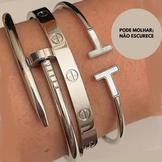 Conjunto de Bracelete Pulseira Aço inoxidável Prata Acessórios Femininos Virginia Moda Kit