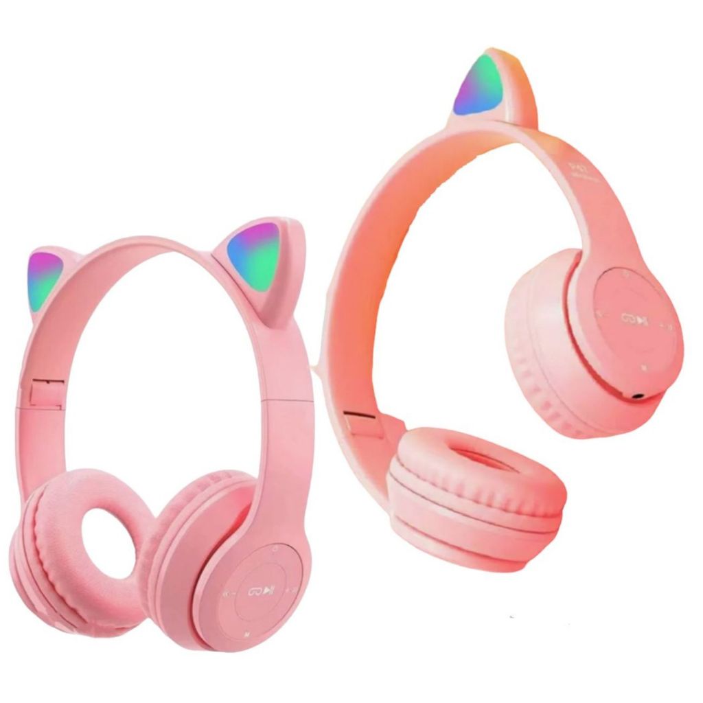 Fone De Ouvido Rosa Gatinho Bluetooth Infantil Led Menina Muyito macio ...